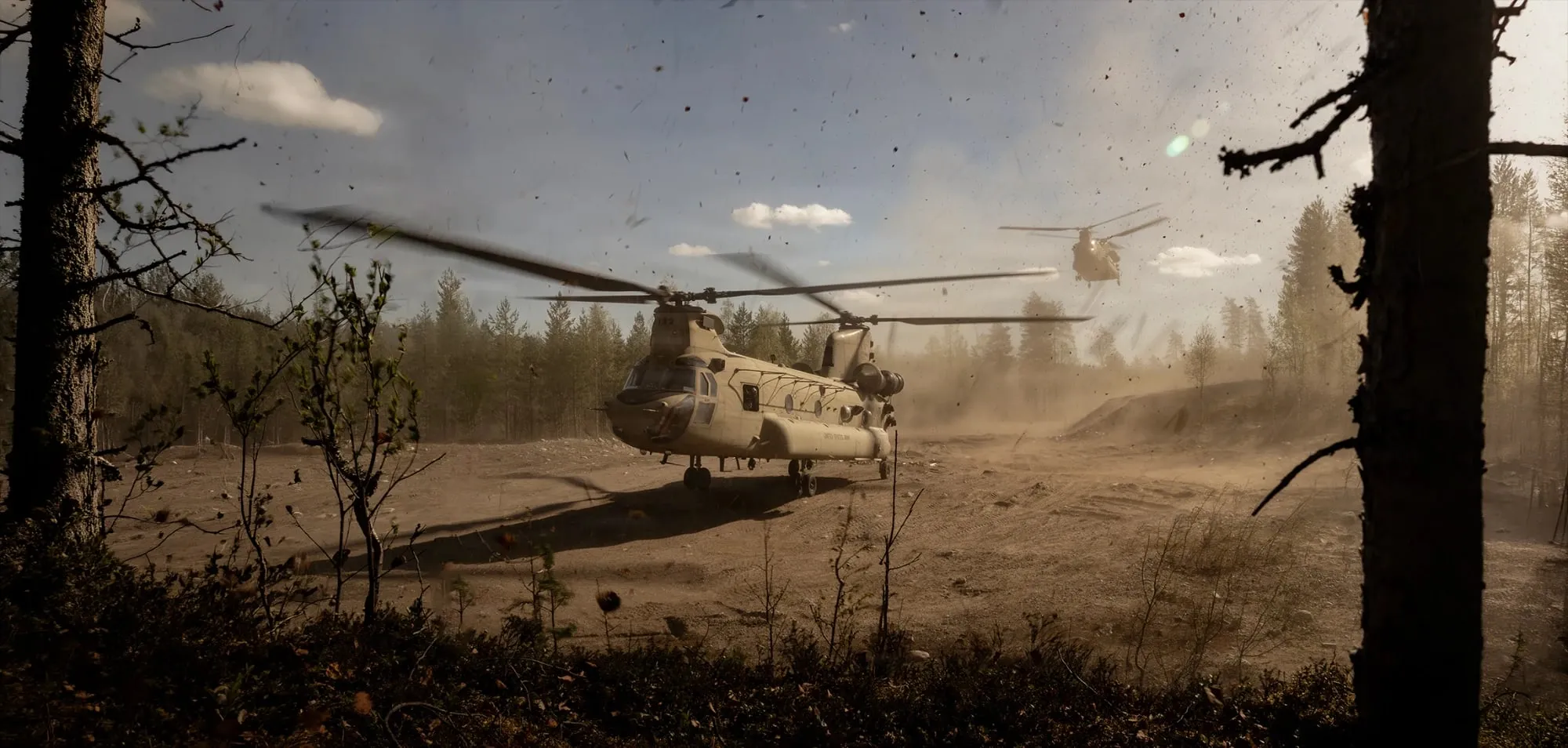 Two CH-47 Chinooks lifting from an unimproved landing zone in heavy brownout