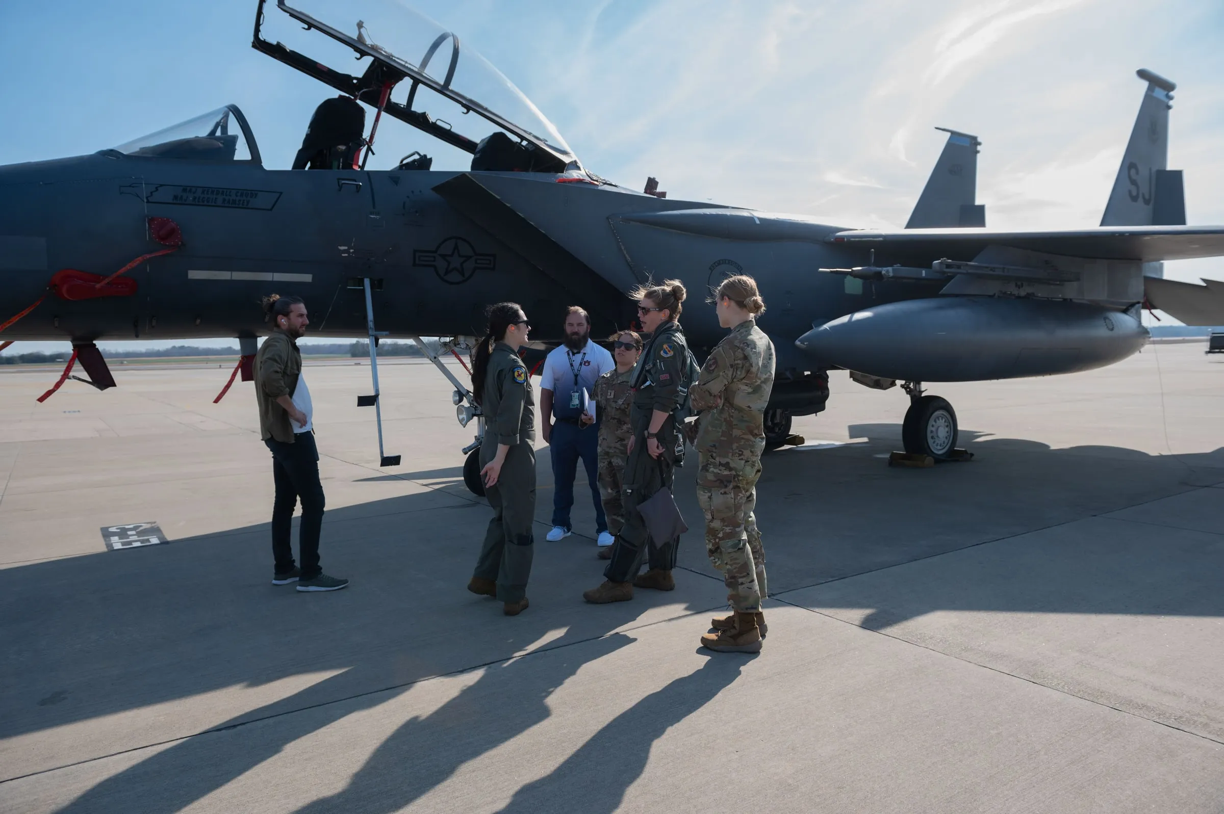 AIRION staff and 4th Fighter Wing aircrew on the flightline at Seymour Johnson Air Force Base, North Carolina, ahead of the first ground integration event.